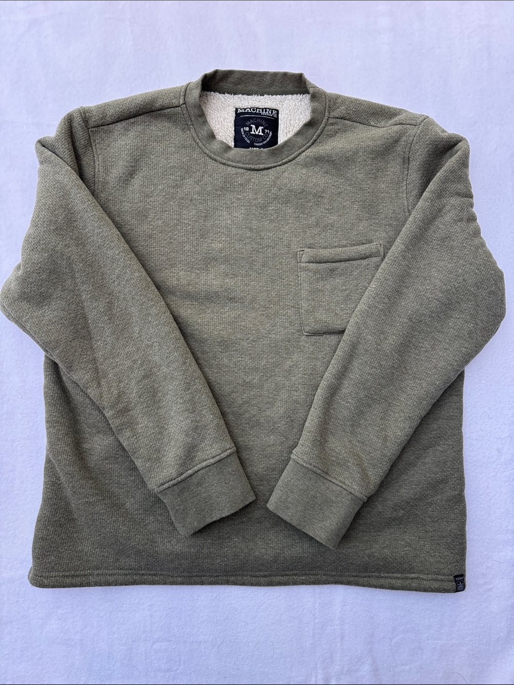 Machine Olive Sherpa Lined Crewneck Sweater with Chest Pocket